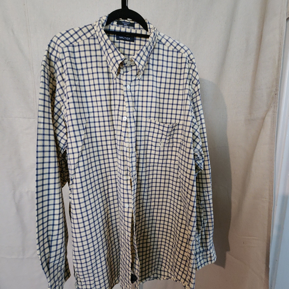Nautica Navy and Tan Plaid Button Down Shirt